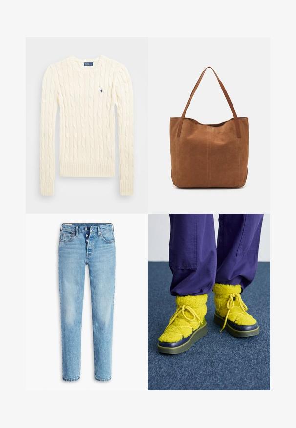 Krémový svetr s pleteným vzorem, dlouhými rukávy, žebrovanými manžetami a lemem, se malým vyšívaným logem na levé hrudi.; Světle modré denimové džíny se střihem rovného nohavice, pěticí kapesním stylu a knoflíkovým zapínáním. Obsahují mírně vybledlé oblasti a efekt whiskering pro texturu.; Žluté huňaté boty s kulatou špičkou, texturovaným materiálem a zelenou gumovou podrážkou. Mají žluté tkaničky a námořnickou modrou akcentaci kolem špičky.; Hnědá semišová taška s dvěma dlouhými uchy, se hladkým povrchem, jednoduchým designem a bez viditelného kování nebo dekorací.