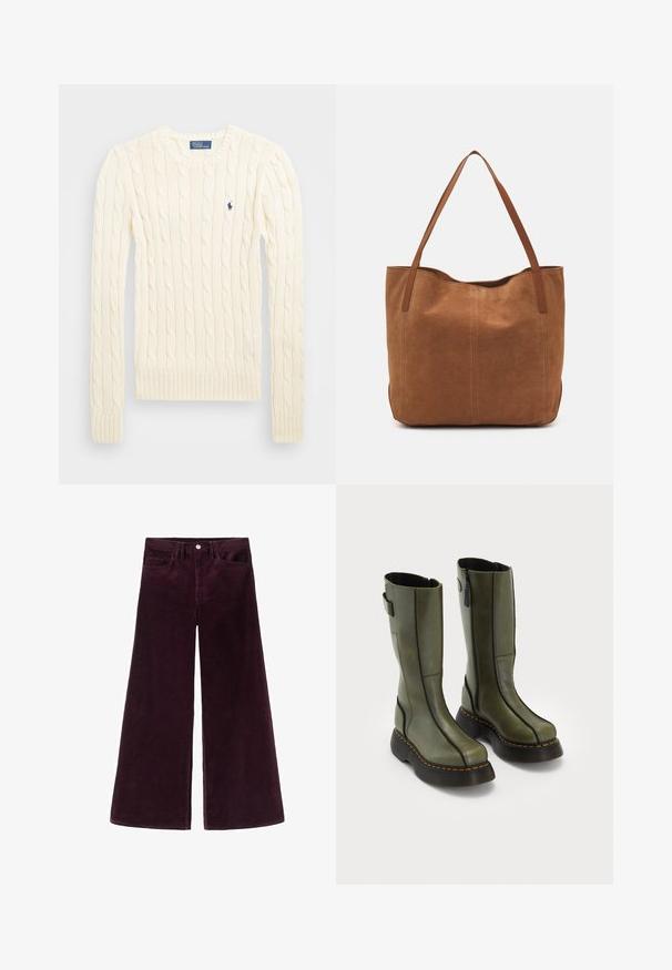 Krémový sveter s pleteným vzorom, dlhé rukávy, rebrované manžety a spodný lem, s malým vyšitým logom na ľavej hrudi.; Voľné bavlnené nohavice z kordu v hlbokej burgundskej farbe, s vysokým pásom, zapínaním na gombík a klasickým pätiek kapies, s rebrovanou textúrou.; Pár olivovozelených kožených čižiem po lýtka s čiernymi hrubými podrážkami a oranžovým šitím, so bočnými zipsami a detailom popruhu na zadnej hornej časti.; Hnedá semišová taška s dvoma dlhými rukoväťami, s hladkou textúrou, jednoduchým dizajnom a bez viditeľného hardvéru alebo akcentov.