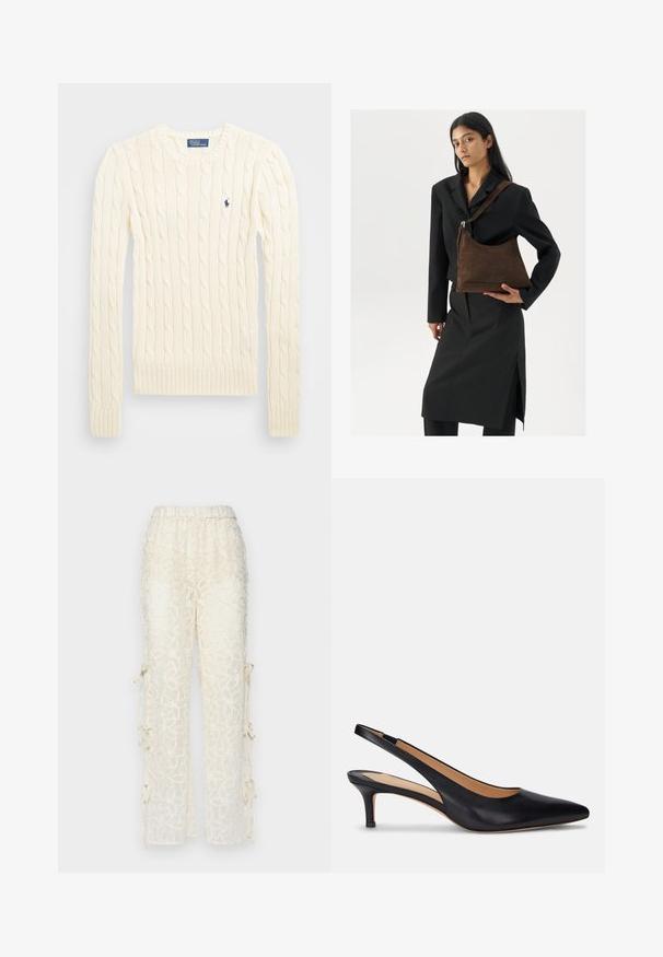 Cream cable-knit sweater with long sleeves, ribbed cuffs and hem, featuring a small embroidered logo on the left chest.; Cream-colored lace trousers with an elastic waistband, featuring floral patterns and ties at the sides for adjustable fit.; Black leather slingback pump with a pointed toe, low kitten heel, and smooth texture. Features an open back design and minimal stitching details.; Woman wearing a black blazer and skirt, holding a large dark brown suede shoulder bag against a white background.