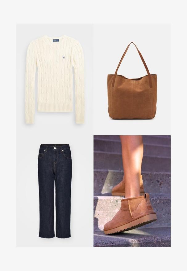 Cream cable-knit sweater with long sleeves, ribbed cuffs and hem, featuring a small embroidered logo on the left chest.; Dark blue denim jeans with straight leg design, five pockets, and a raw hem. Features contrast stitching and a metal button closure.; Tan suede ankle boots with a soft texture, stitched detailing, and a rubber sole, featuring a looped heel for easy wear.; Brown suede tote bag with two long handles, featuring a smooth texture, simple design, and no visible hardware or accents.