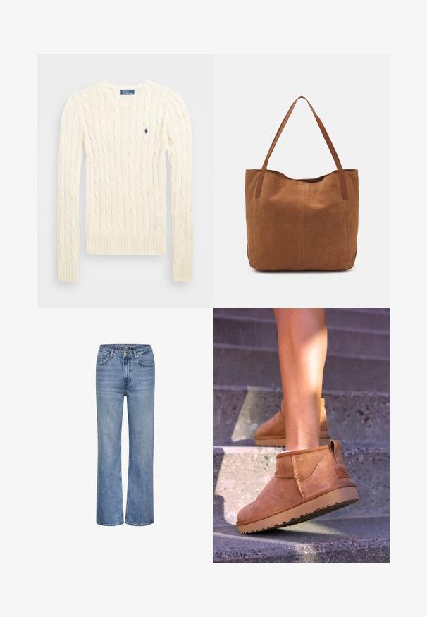 Kreminė megzta palaidinė su ilgomis rankovėmis, gumbuotais rankogaliais ir apačia, su nedideliu išsiuvinėtų logotipu kairiajame krūtinės kampe.; Mėlynos aukšto liemens tiesios kojų džinsai su priekyje esančia sagtimi, užtrauktuku ir penkių kišenių dizainu.; Samaniniai suknelės auliniai batai su minkšta tekstūra, siūlės detalėmis ir guminiu padu, su kilpiniu kulnu, kad būtų patogu užsivilkti.; Ruda zomšos pasukta rankinė su dviem ilgomis rankenomis, pasižyminti lygiu paviršiumi, paprastu dizainu ir be matomų detalių ar akcentų.