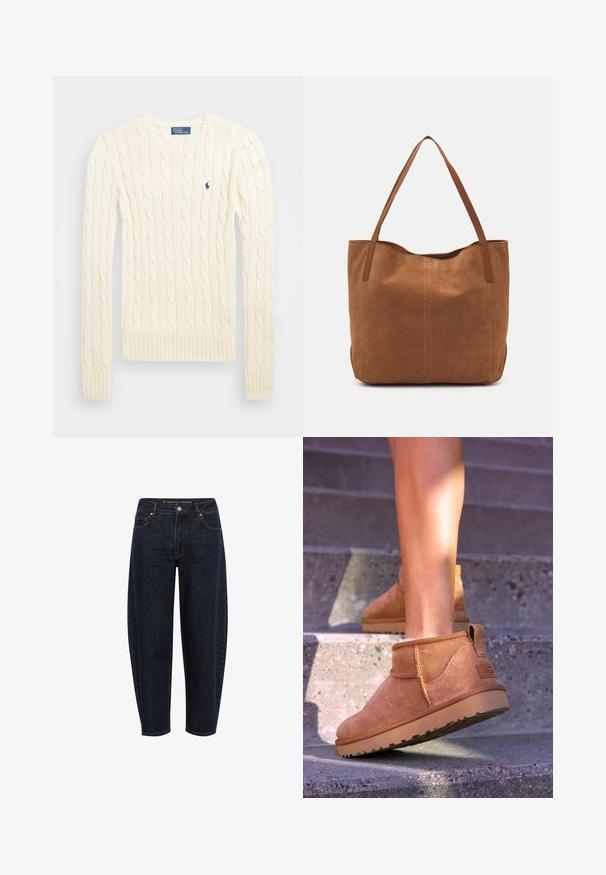 Krems krāsas adīts džempers ar garām piedurknēm, ribotām aprocēm un apakšmalu, ar nelielu izšūtu logotipu kreisajā krūtī.; Tumši zili džinsi ir ar augstu josti, sašaurinātiem zobu galiem un divām priekšējām kabatām ar tīru dizainu. Audumam ir viegla tekstūra.; Dzeltenbrūnas zamšādas potīšu zābaciņi ar mīkstu tekstūru, izšūtu apdari un gumijas zoli, kas aprīkoti ar cilpu uz papēža ērtai uzvilkšanai.; Brūns zamša tote somas ar divām garām rokturiem, ar gludu tekstūru, vienkāršu dizainu un bez redzamām aparatūrām vai akcentiem.