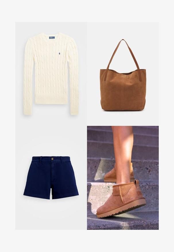 Kreminė megzta palaidinė su ilgomis rankovėmis, gumbuotais rankogaliais ir apačia, su nedideliu išsiuvinėtų logotipu kairiajame krūtinės kampe.; Tamsiai mėlyni, medvilniniai šortai su tiesia siluetu, suapvalintais kraštais, diržo kilpos ir vienu mygtuko uždarymu. Lygus, tvirtas audinys be raštų.; Samaniniai suknelės auliniai batai su minkšta tekstūra, siūlės detalėmis ir guminiu padu, su kilpiniu kulnu, kad būtų patogu užsivilkti.; Ruda zomšos pasukta rankinė su dviem ilgomis rankenomis, pasižyminti lygiu paviršiumi, paprastu dizainu ir be matomų detalių ar akcentų.