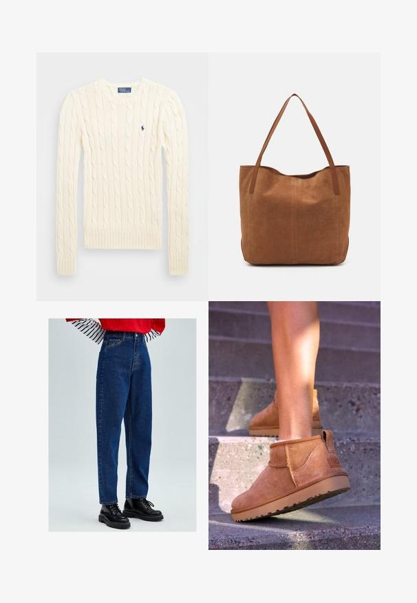 Pulover crem tricotat cu cablu, cu mâneci lungi, manșete și tiv ribdate, având un mic logo brodat pe pieptul stâng.; Jeans din denim albastru cu talie înaltă, cu o croială lejeră, prezentând un design clasic cu cinci buzunare și detalii de cusătură galbene. Asortate cu cizme negre cu șireturi.; Botine bej din suede cu o textură moale, detalii cusute și o talpă din cauciuc, având un călcâi cu buclă pentru o utilizare ușoară.; Geantă tote din suede maro, cu două mânere lungi, caracterizată printr-o textură netedă, un design simplu și fără accesorii sau elemente metalice vizibile.