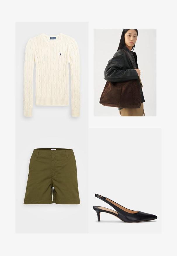 Krémový sveter s pleteným vzorom, dlhé rukávy, rebrované manžety a spodný lem, s malým vyšitým logom na ľavej hrudi.; Olivové zelené šortky vyrobené z ľahkého materiálu, s klasickým strihom a rovný lem, prednými vreckami. Rovný pás s pútkami.; Čierne kožené sandále na podpätku s špicatou špičkou, nízkym kitten podpätkom a hladkou textúrou. Má otvorený zadný dizajn a minimálne švy.; Žena v čiernej koženej bunde a béžových nohaviciach nesie veľkú hnedú zamšovú tašku cez rameno.