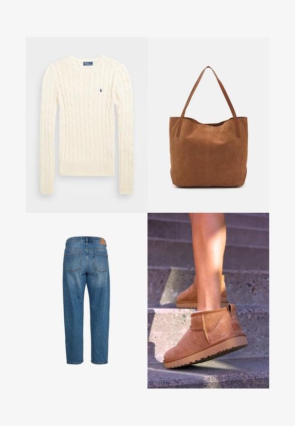Kreemivärvi nöörkootud sviiter pikemate varrukatega, soonikvarrukate ja alläärega, millel on vasakul rinnal väike broderi logo.; Sinised denim teksad sirge lõikega, kahe tagataskuga ja väike beež nahast silt vöökohal.; Kergedest nahast pahklu ботинки pehme tekstuuriga, õmmeldud detailide ja kummist tallaga, millel on sanga kand kergesti selga panemiseks.; Pruun nubukist kott kahe pika sangaga, millel on sile tekstuur, lihtne disain ja nähtavad riistvara või aksessuaarid puuduvad.
