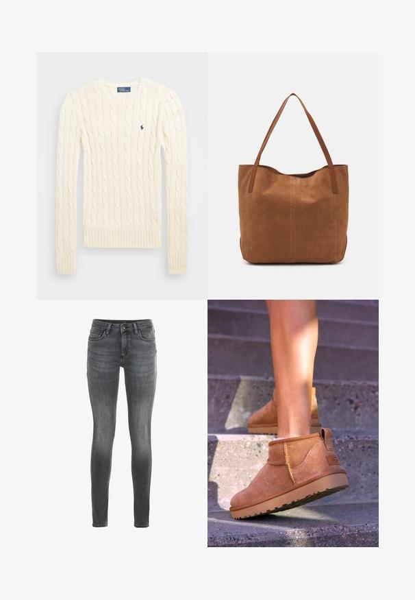 Crème kabelbreiselsweater met lange mouwen, geribbelde manchetten en zoom, met een klein geborduurd logo op de linkerkant van de borst.; Skinny jeans in donkergrijs denim met een gladde textuur. Voorzien van vijf zakken, een knoopsluiting aan de voorkant en subtiele stikdetails.; Tamme suède enkelboots met een zachte textuur, gestikte details en een rubberen zool, met een lusvormige hak voor gemakkelijk aan- en uittrekken.; Bruine suède shoppers met twee lange handvatten, met een gladde textuur, eenvoudig ontwerp en zonder zichtbare hardware of accenten.