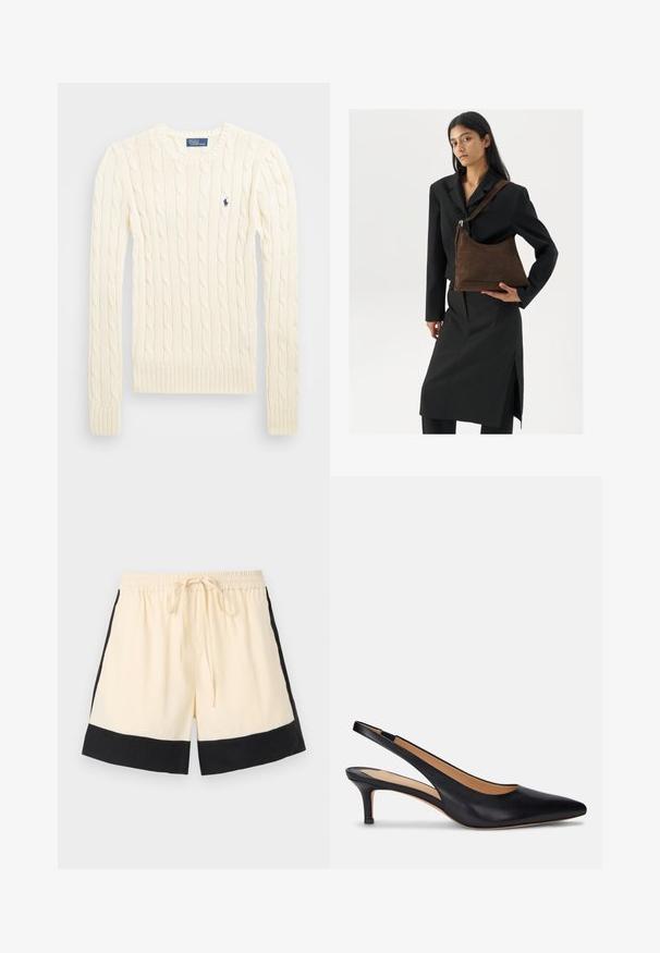 Pull en maille torsadée crème avec manches longues, poignets et ourlet côtelés, présentant un petit logo brodé sur la poitrine gauche.; Shorts de couleur crème avec un ourlet noir, une taille élastique et un cordon de serrage à l'avant. Les côtés présentent des accents noirs, mettant en avant un design sportif.; Pompe slingback en cuir noir avec un bout pointu, un petit talon et une texture lisse. Présente un design à dos ouvert et des détails de couture minimaux.; Femme portant un blazer noir et une jupe, tenant un grand sac à épaule en suede marron foncé contre un fond blanc.