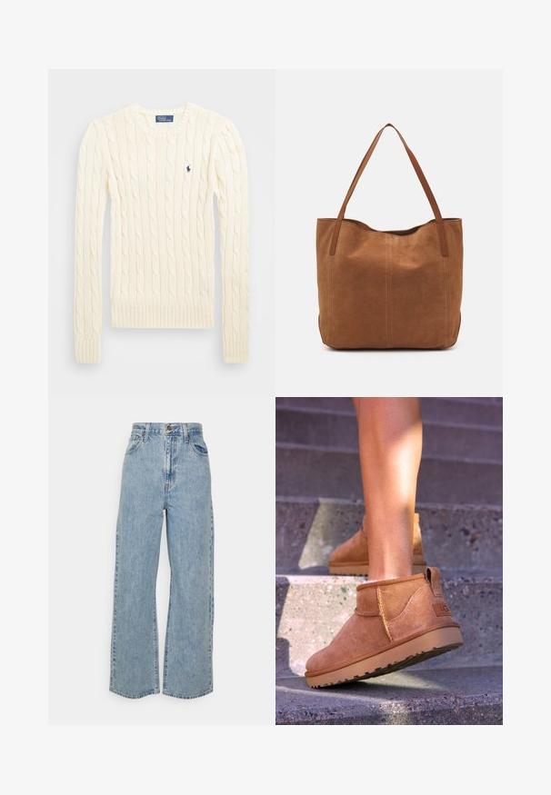 Kreemi kaabliga kudumiga sviiter pikkade varrukatega, ribakardinate ja hemiga, millel on vasakul rinnal väike tikkitud logo.; Vaaleansiniset väljät farkut korkealla vyötäröllä, edessä nappi, vetoketjusuljin ja viisi taskua yksinkertaisella taustalla.; Kahdenruskeat mokkanahkaiset nilkkurit, joissa on pehmeä pinta, kirjailtua yksityiskohtaa ja kumipohja. Kengissä on myös kätevä lenkki kantapäässä, joka helpottaa pukemista.; Ruskean mokkanahkainen olkalaukku, jossa on kaksi pitkää kantohihnaa. Laukussa on sileä pinta, yksinkertainen muotoilu ja ei näkyviä materiaaleja tai koristeita.