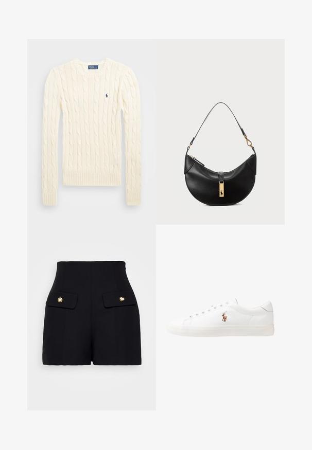 Crème kabelbreiselsweater met lange mouwen, geribbelde manchetten en zoom, met een klein geborduurd logo op de linkerkant van de borst.; sandro Shorts - noir; Witte leren sneakers, laag model, met een gladde textuur, ronde neus, vetersluiting aan de voorkant en een klein geborduurd logo aan de zijkant.; Zwarte leren handtas in een halve maanvorm. Voorzien van een gouden hardware accent en een smalle schouderband. Soepele textuur, ritssluiting aan de bovenkant.