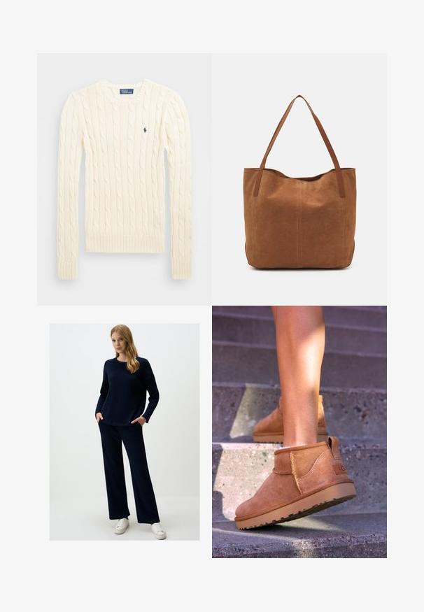 Crème kabelbreiselsweater met lange mouwen, geribbelde manchetten en zoom, met een klein geborduurd logo op de linkerkant van de borst.; Marineblauwe gebreide trui en bijpassende wijde broek. Gelaagd stof, ronde halslijn en zijzakken. Gecombineerd met witte sneakers.; Tamme suède enkelboots met een zachte textuur, gestikte details en een rubberen zool, met een lusvormige hak voor gemakkelijk aan- en uittrekken.; Bruine suède shoppers met twee lange handvatten, met een gladde textuur, eenvoudig ontwerp en zonder zichtbare hardware of accenten.