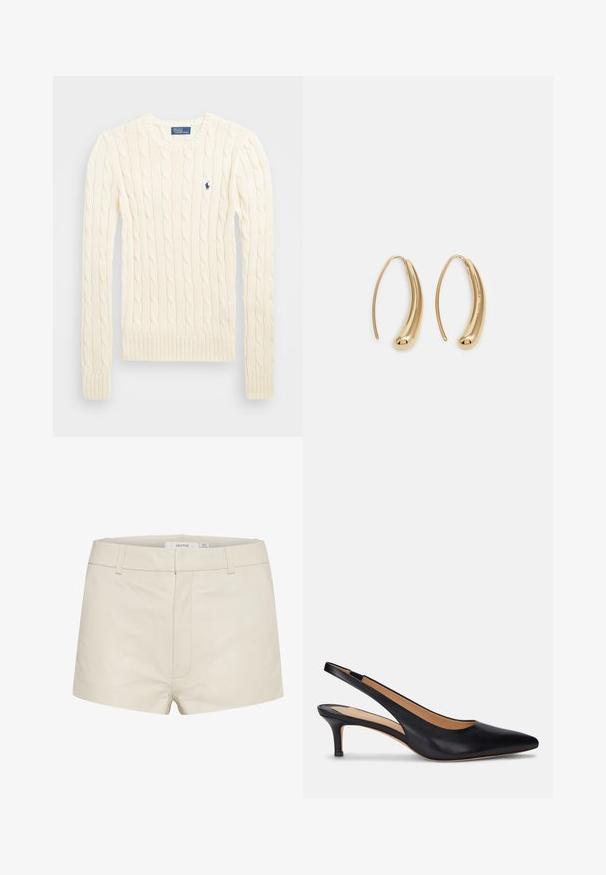 Krems krāsas adīts džempers ar garām piedurknēm, ribotām aprocēm un apakšmalu, ar nelielu izšūtu logotipu kreisajā krūtī.; Beige ādas šorti ar gludu tekstūru, ar pieguļošu jostu, jostu cilpām un nenozīmīgām priekšējām šuvēm. Vienkāršs, mūsdienīgs dizains.; Melnas ādas siksnīšu pumpas ar norādītu purngalu, zemu kaķu papēdi un gludu tekstūru. Iezīmējas ar atvērtu aizmuguri un minimālu šuvju detalizāciju.; Zelta toņu metāla gredzena auskari ar izliektu, pagarinātu formu. Ar gludu, spīdīgu virsma un noapaļotu galu papildu detaļām.