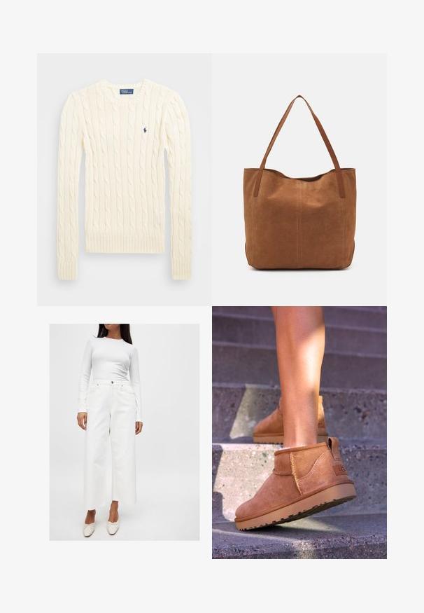 Cream cable-knit sweater with long sleeves, ribbed cuffs and hem, featuring a small embroidered logo on the left chest.; White long-sleeve top with a ribbed texture, paired with high-waisted white wide-leg jeans featuring front pockets and silver hardware details.; Tan suede ankle boots with a soft texture, stitched detailing, and a rubber sole, featuring a looped heel for easy wear.; Brown suede tote bag with two long handles, featuring a smooth texture, simple design, and no visible hardware or accents.
