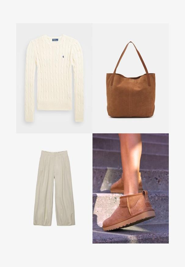 Pulover crem tricotat cu cablu, cu mâneci lungi, manșete și tiv ribdate, având un mic logo brodat pe pieptul stâng.; Pantaloni bej cu picioare largi, cu o suprafață texturată, având pliseuri frontale și un brâu ajustat. Fără închideri sau buzunare vizibile.; Botine bej din suede cu o textură moale, detalii cusute și o talpă din cauciuc, având un călcâi cu buclă pentru o utilizare ușoară.; Geantă tote din suede maro, cu două mânere lungi, caracterizată printr-o textură netedă, un design simplu și fără accesorii sau elemente metalice vizibile.