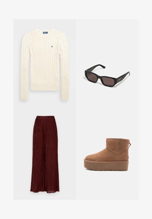 Cream cable-knit sweater with long sleeves, ribbed cuffs and hem, featuring a small embroidered logo on the left chest.; Wide-leg, burgundy pants made of textured fabric with vertical pleats. Features a high waistband and hem that falls to the ankle.; Tan suede ankle boot with a platform sole, rounded toe, and stitching accents; features a pull tab at the back for easy wear.; Black rectangular sunglasses with dark lenses. Features a smooth plastic frame and logo detail on the temple. Clean, modern design.