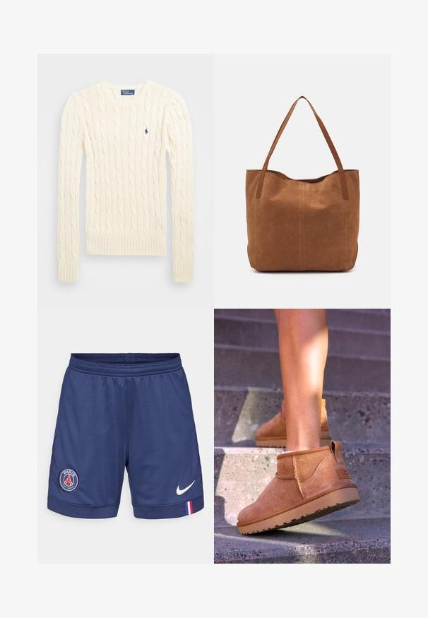 Cream cable-knit sweater with long sleeves, ribbed cuffs and hem, featuring a small embroidered logo on the left chest.; Navy athletic shorts made of breathable fabric, featuring a Paris Saint-Germain logo and a white Nike swoosh on the bottom right.; Tan suede ankle boots with a soft texture, stitched detailing, and a rubber sole, featuring a looped heel for easy wear.; Brown suede tote bag with two long handles, featuring a smooth texture, simple design, and no visible hardware or accents.