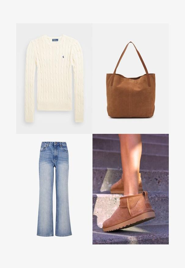 Krém színű, kabelmintás pulóver hosszú ujjal, bordás mandzsettával és aljjal, bal mellen egy kis hímzett logóval.; Világoskék farmer széles szárú nadrág magas derékkal, gombos záródással, enyhe kopással és klasszikus öt zsebes dizájnnal rendelkezik.; Barna nubuk bokacsizmák, puha textúrával, varrott részletekkel és gumitalpakkal, hurok alakú sarokkal a könnyű felvétel érdekében.; Barna velúr táska két hosszú fogantyúval, sima textúrával, egyszerű dizájnnal, és látható fém részek vagy díszítés nélkül.