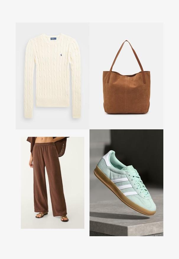 Cremefarvet kabelstrikket sweater med lange ærmer, ribbede manchetter og kant, med et lille broderet logo på venstre bryst.; Brune brede benbukser lavet af et tekstureret stof med elastisk talje. Båret med flade, strappy sandaler.; Adidas Gazelle sneakers i mintgrønt ruskind med hvide accenter, snørebåndslukning og en sål i gummigummi. Har tre hvide striber.; Brun ruskinds tote bag med to lange håndtag, der har en glat tekstur, enkelt design og ingen synlige metaldele eller accenter.