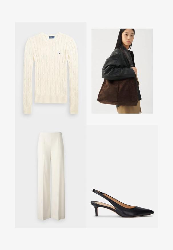 Kreemi kaabliga kudumiga sviiter pikkade varrukatega, ribakardinate ja hemiga, millel on vasakul rinnal väike tikkitud logo.; Valkoiset leveälahkeiset housut, jotka on valmistettu sileästä kankaasta ja joissa on etupleaatit. Suunniteltu korkealla vyötäröllä ja puhtaalla viimeistelyllä.; Mustat nahkaiset slingback-kengät, joissa on terävä kärki, matala kitten-korko ja sileä pinta. Ominaisuudet avonaisessa takasuunnassa ja vähäisessä ompelu yksityiskohdissa.; Nainen, jolla on päällään musta nahkatakki ja beige housut, kantaa suurta ruskeaa mokkakangasta olan yli.