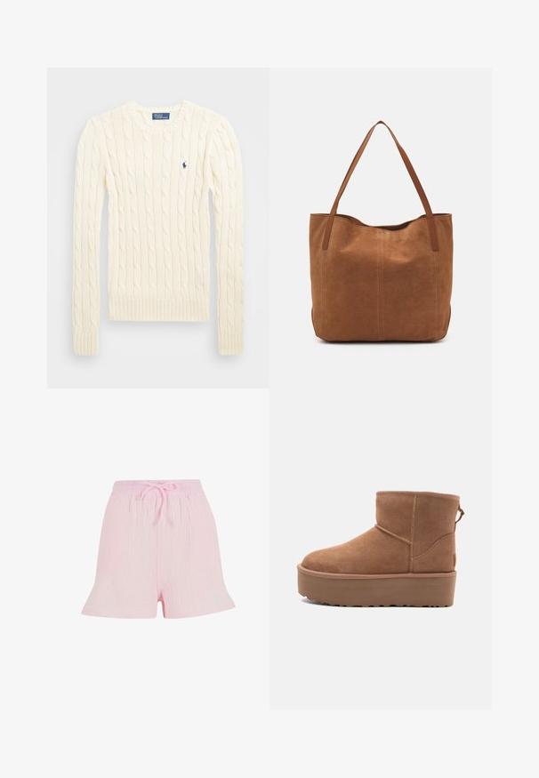 Crème kabelbreiselsweater met lange mouwen, geribbelde manchetten en zoom, met een klein geborduurd logo op de linkerkant van de borst.; Lichtroze shorts van textuurstof, met een elastische tailleband en een trekkoord, en een ontspannen, uitlopende silhouette.; Tan suède enkellaars met een platformzool, ronde neus en stiksels; heeft een trekband aan de achterkant voor gemakkelijke instap.; Bruine suède shoppers met twee lange handvatten, met een gladde textuur, eenvoudig ontwerp en zonder zichtbare hardware of accenten.