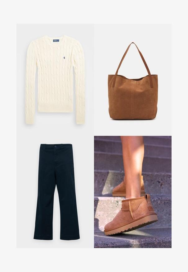 Kremowy sweter w splot kabelkowy z długimi rękawami, ściągaczami przy mankietach i u dołu, z małym haftowanym logo na lewej piersi.; Polo Ralph Lauren - Spodnie materiałowe; Brązowe zamszowe botki za kostkę o miękkiej teksturze, z przeszyciami i gumową podeszwą, wyposażone w pętelkę na pięcie dla łatwego zakładania.; Brązowa zamszowa torba tote z dwoma długimi uchwytami, charakteryzująca się gładką teksturą, prostym wzornictwem oraz brakiem widocznych elementów metalowych czy akcentów.