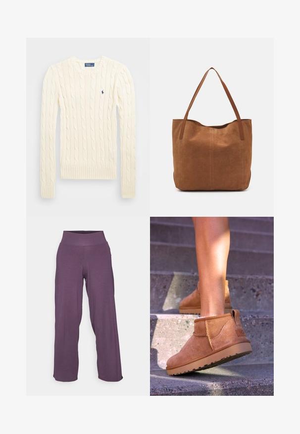 Kreemi kaabliga kudumiga sviiter pikkade varrukatega, ribakardinate ja hemiga, millel on vasakul rinnal väike tikkitud logo.; Yogasearcher RAVANA FLOWY PANTS - Verryttelyhousut - topaze; Kahdenruskeat mokkanahkaiset nilkkurit, joissa on pehmeä pinta, kirjailtua yksityiskohtaa ja kumipohja. Kengissä on myös kätevä lenkki kantapäässä, joka helpottaa pukemista.; Ruskean mokkanahkainen olkalaukku, jossa on kaksi pitkää kantohihnaa. Laukussa on sileä pinta, yksinkertainen muotoilu ja ei näkyviä materiaaleja tai koristeita.