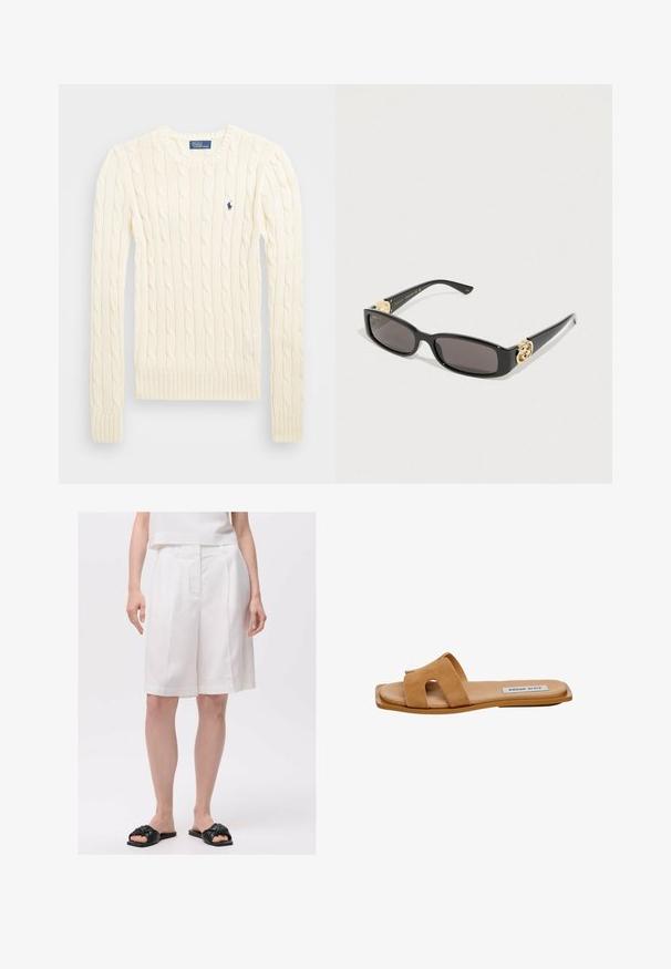 Suéter crema de punto trenzado con manga larga, puños y dobladillo acanalados, que presenta un pequeño logo bordado en el lado izquierdo del pecho.; Bermudas de lino blancas con un corte entallado, que presentan una cinturilla ordenada y pliegues frontales, combinadas con sandalias de dedo negras con nudos.; Sandalia plana de ante en tono marrón claro con dos tiras anchas que presentan detalles troquelados, suela plana y un sutil logotipo en la plantilla.; Gafas de sol negras con lentes rectangulares, detalles en dorado y montura brillante. Presentan una marca plateada en las patillas.