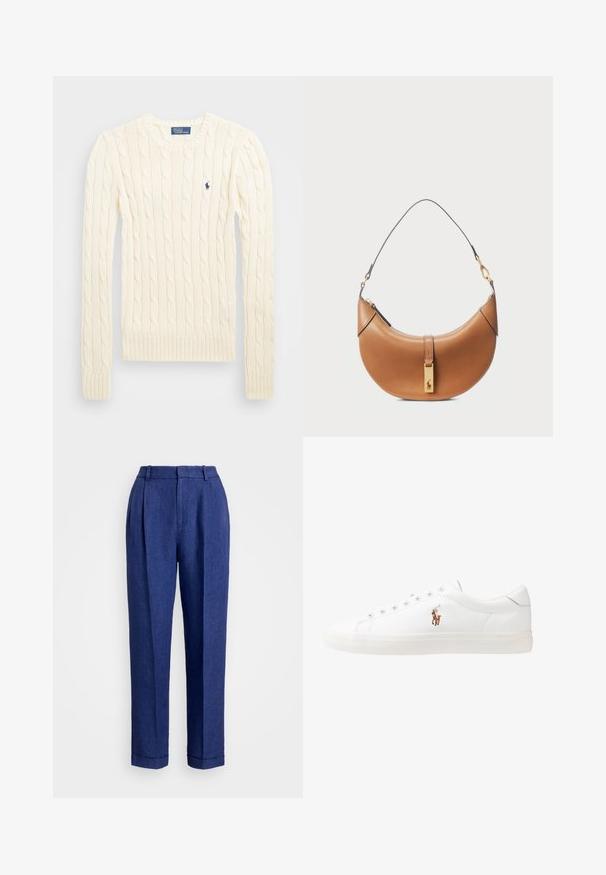 Κρεμ πουλόβερ με πλέξη καλωδίου, μακριά μανίκια, ριμπ μανσέτες και στρίφωμα, που διαθέτει ένα μικρό κεντημένο λογότυπο στην αριστερή πλευρά του στήθους.; Μπλε λινές παν trousers με ψηλή μέση, πτυχές στο μπροστινό μέρος και περιλαίμια. Διαθέτει ομαλή υφή και ραμμένο σχέδιο για μια δομημένη εφαρμογή.; Λευκά δερμάτινα sneakers, χαμηλού σχεδιασμού, με απαλή υφή, στρογγυλή μύτη, δέσιμο μπροστά και μικρό κεντημένο λογότυπο στο πλάι.; Ταμπά δερμάτινη τσάντα χειρός με καμπυλωτό σχήμα, χρυσές μεταλλικές λεπτομέρειες και λεπτό λουρί. Διαθέτει φερμουάρ για κλείσιμο και λεπτομέρεια λογότυπου μπροστά.