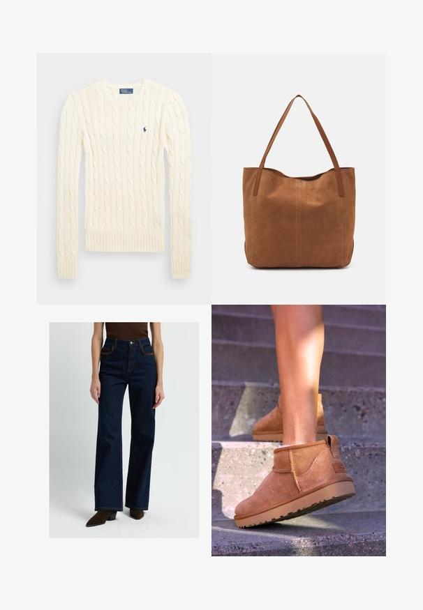 Kreemi kaabliga kudumiga sviiter pikkade varrukatega, ribakardinate ja hemiga, millel on vasakul rinnal väike tikkitud logo.; Korkeavyötäröiset, leveälahkeiset tummansiniset farkut, joissa on kontrastiväriset ruskeat tikkauslangat, etutaskut ja ruskeat korkokengät.; Kahdenruskeat mokkanahkaiset nilkkurit, joissa on pehmeä pinta, kirjailtua yksityiskohtaa ja kumipohja. Kengissä on myös kätevä lenkki kantapäässä, joka helpottaa pukemista.; Ruskean mokkanahkainen olkalaukku, jossa on kaksi pitkää kantohihnaa. Laukussa on sileä pinta, yksinkertainen muotoilu ja ei näkyviä materiaaleja tai koristeita.