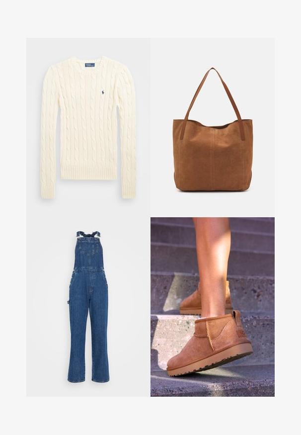 Krémový svetr s pleteným vzorem, dlouhými rukávy, žebrovanými manžetami a lemem, se malým vyšívaným logem na levé hrudi.; Džínové kramfleky s nastavitelnými pásky, přední kapsou a detaily s bočními knoflíky. Hluboká modrá barva a rovný střih s vybledlou texturou.; Světlé semišové kotníkové boty s měkkou strukturou, prošívanými detaily a gumovou podrážkou, s okrouhlým podpatkem pro snadné obouvání.; Hnědá semišová taška s dvěma dlouhými uchy, se hladkým povrchem, jednoduchým designem a bez viditelného kování nebo dekorací.