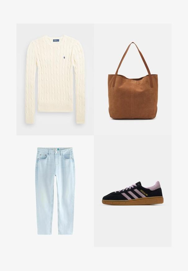 Kremowy sweter w splot kabelkowy z długimi rękawami, ściągaczami przy mankietach i u dołu, z małym haftowanym logo na lewej piersi.; Jasnoniebieskie dżinsy straight-leg z denimu o wyblakłym wykończeniu, z dwoma przednimi kieszeniami, kontrastowym przeszyciem i zapięciem na guzik.; Czarno-różowe sneakersy z zamszu z gumową podeszwą, trzema różowymi paskami, złotym logiem "SPEZIAL" oraz teksturowaną podeszwą z gumy. Niskoprofilowy design.; Brązowa zamszowa torba tote z dwoma długimi uchwytami, charakteryzująca się gładką teksturą, prostym wzornictwem oraz brakiem widocznych elementów metalowych czy akcentów.