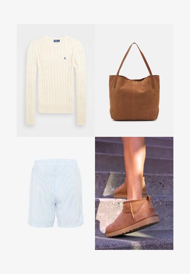 Krém színű, kabelmintás pulóver hosszú ujjal, bordás mandzsettával és aljjal, bal mellen egy kis hímzett logóval.; Csíkos rövidnadrág világoskék és fehér színben, szőtt anyagból készült. Rugalmas derékrésszel és laza szabással rendelkezik, oldalsó zsebekkel.; Barna nubuk bokacsizmák, puha textúrával, varrott részletekkel és gumitalpakkal, hurok alakú sarokkal a könnyű felvétel érdekében.; Barna velúr táska két hosszú fogantyúval, sima textúrával, egyszerű dizájnnal, és látható fém részek vagy díszítés nélkül.