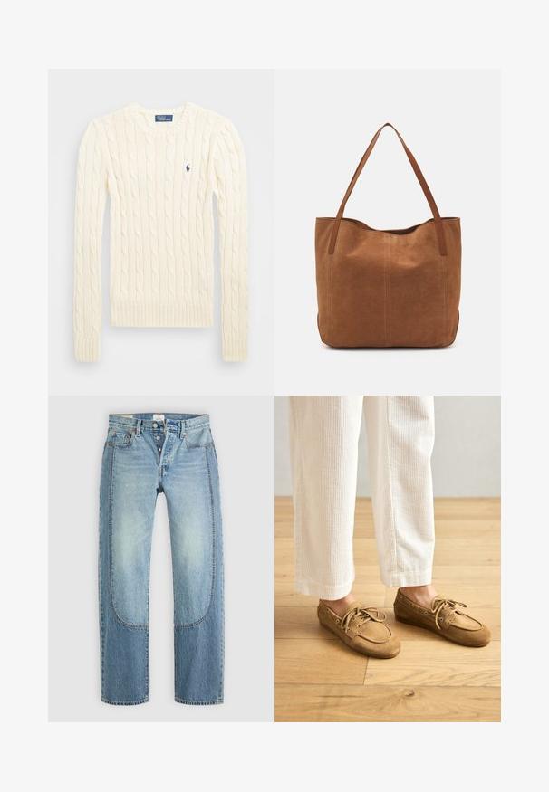 Krémový svetr s pleteným vzorem, dlouhými rukávy, žebrovanými manžetami a lemem, se malým vyšívaným logem na levé hrudi.; Světle modré džíny z denimu s rovnými, volnými nohavicemi, nabízí kontrastní panelové detaily a design s pěti kapsami. Zapínání na knoflík.; Hnědé nubukové lodní boty s šňůrkami, kulatou špičkou a prošívanými detaily. Nosené s bílými kordovými kalhotami v dřevěném prostředí.; Hnědá semišová taška s dvěma dlouhými uchy, se hladkým povrchem, jednoduchým designem a bez viditelného kování nebo dekorací.