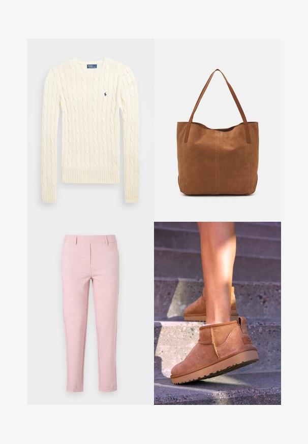 Kreminė megzta palaidinė su ilgomis rankovėmis, gumbuotais rankogaliais ir apačia, su nedideliu išsiuvinėtų logotipu kairiajame krūtinės kampe.; Šviesiai rožiniai kelnių, pagamintų iš tekstūruotos medžiagos. Tiesios linijos kirpimas su juosmens juosta, priekiniu raukiniu ir siaurėjančiomis kojomis. Matomų kišenių nėra.; Samaniniai suknelės auliniai batai su minkšta tekstūra, siūlės detalėmis ir guminiu padu, su kilpiniu kulnu, kad būtų patogu užsivilkti.; Ruda zomšos pasukta rankinė su dviem ilgomis rankenomis, pasižyminti lygiu paviršiumi, paprastu dizainu ir be matomų detalių ar akcentų.