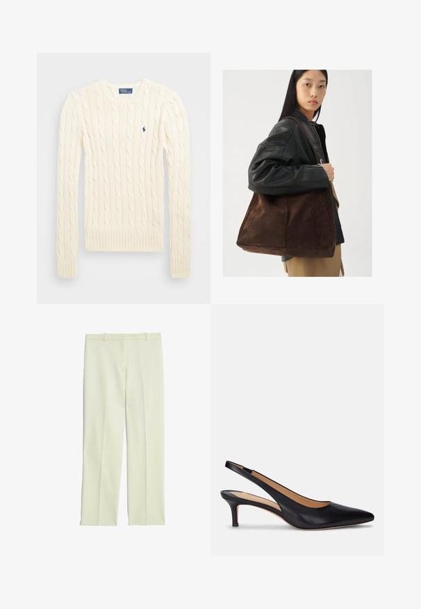 Suéter crema de punto trenzado con manga larga, puños y dobladillo acanalados, que presenta un pequeño logo bordado en el lado izquierdo del pecho.; Pantalones ajustados de color crema con un diseño de pierna recta, que presentan un frente plano, presillas para cinturón y una textura suave.; Zapato de tacón slingback de cuero negro con punta afilada, tacón kitten bajo y textura suave. Presenta un diseño de espalda abierta y detalles de costura mínimos.; Mujer vestida con una chaqueta de cuero negra y pantalones beige lleva un gran bolso de ante marrón sobre el hombro.