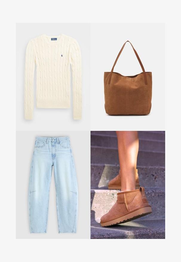 Kreemivärvi nöörkootud sviiter pikemate varrukatega, soonikvarrukate ja alläärega, millel on vasakul rinnal väike broderi logo.; Heledad sinine teksapüksid, millel on lõdva lõikega, kõrge talje, viie tasku disain ning kergelt kulunud efekt ja kärbitud servad.; Kergedest nahast pahklu ботинки pehme tekstuuriga, õmmeldud detailide ja kummist tallaga, millel on sanga kand kergesti selga panemiseks.; Pruun nubukist kott kahe pika sangaga, millel on sile tekstuur, lihtne disain ja nähtavad riistvara või aksessuaarid puuduvad.
