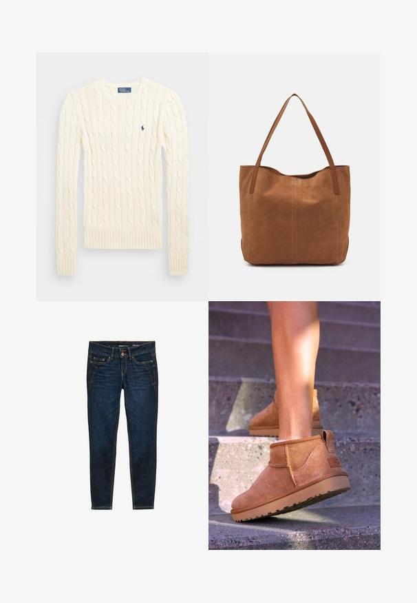 Krém színű, kabelmintás pulóver hosszú ujjal, bordás mandzsettával és aljjal, bal mellen egy kis hímzett logóval.; Sötétkék farmernadrág slim fit szabással, narancssárga varrással, öt zsebbel és gombos derékkal.; Barna nubuk bokacsizmák, puha textúrával, varrott részletekkel és gumitalpakkal, hurok alakú sarokkal a könnyű felvétel érdekében.; Barna velúr táska két hosszú fogantyúval, sima textúrával, egyszerű dizájnnal, és látható fém részek vagy díszítés nélkül.