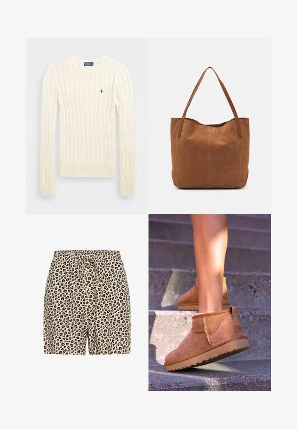 Pull en maille torsadée crème avec manches longues, poignets et ourlet côtelés, présentant un petit logo brodé sur la poitrine gauche.; Shorts en imprimé léopard beige avec des taches noires et marron. Dotés d'une taille élastique avec un cordon de serrage pour un ajustement. Matériau léger.; Bottines en suede beige avec une texture douce, des détails cousus et une semelle en caoutchouc, dotées d'un talon en boucle pour un enfilage facile.; Sac fourre-tout en suede marron avec deux longues poignées, présentant une texture lisse, un design simple, et sans matériel ni accents visibles.