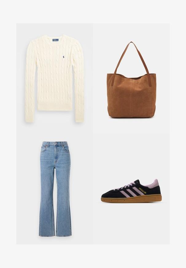 Krémový sveter s pleteným vzorom, dlhé rukávy, rebrované manžety a spodný lem, s malým vyšitým logom na ľavej hrudi.; Abercrombie & Fitch FRONT TO BACK TONAL STRAIGHT - Džínsy voľného strihu - blue denim; Čierne a ružové semišové tenisky s gumovou podrážkou, tri ružové pruhy, zlaté označenie "SPEZIAL" a textúrovaná gumená podrážka. Nízky dizajn.; Hnedá semišová taška s dvoma dlhými rukoväťami, s hladkou textúrou, jednoduchým dizajnom a bez viditeľného hardvéru alebo akcentov.