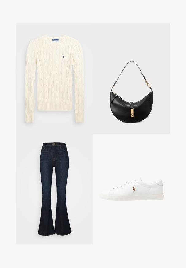 Cream cable-knit sweater with long sleeves, ribbed cuffs and hem, featuring a small embroidered logo on the left chest.; FRAME LE PIXIE HIGH FLARE - Flared Jeans - sutherland; White leather sneakers, low-top design, featuring a smooth texture, round toe, laced front, and a small embroidered logo on the side.; Black leather handbag in a half-moon shape. Features a gold hardware accent and a narrow strap. Smooth texture, zipper closure at the top.