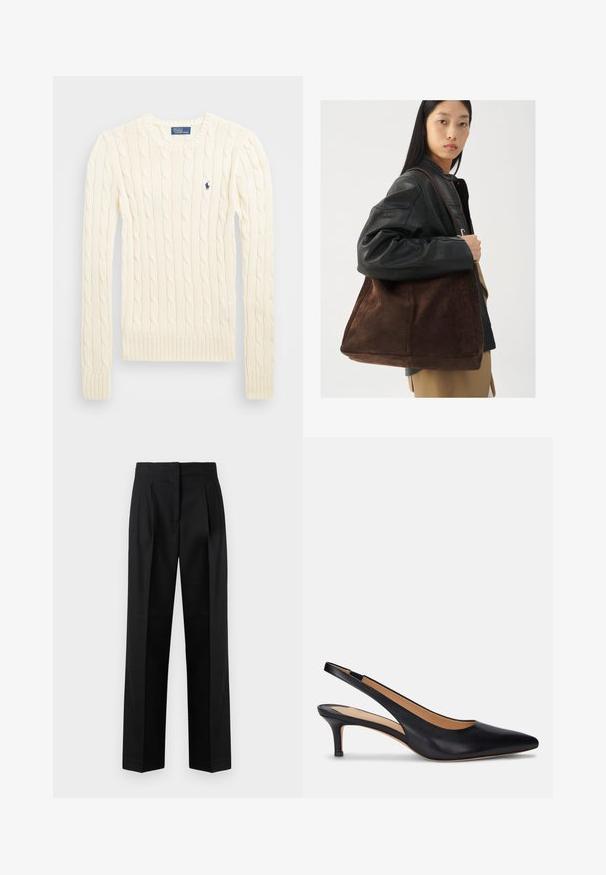 Cremefarbener kabelgehäkelter Pullover mit langen Ärmeln, gerippten Bündchen und Saum, mit einem kleinen gestickten Logo auf der linken Brust.; Schwarze Hose aus gewebtem Stoff, mit einem maßgeschneiderten Design, Falten, geradem Bein und flachem Bund. Strapazierfähige und glatte Textur.; Schwarzer Leder Slingback-Pump mit spitzer Zehenform, niedrigem Kitten-Absatz und glatter Oberfläche. Verfügt über ein offenes Rückendesign und minimale Nahtdetails.; Eine Frau trägt eine schwarze Lederjacke und beige Hosen und hat eine große braune Wildleder-Tasche über der Schulter.