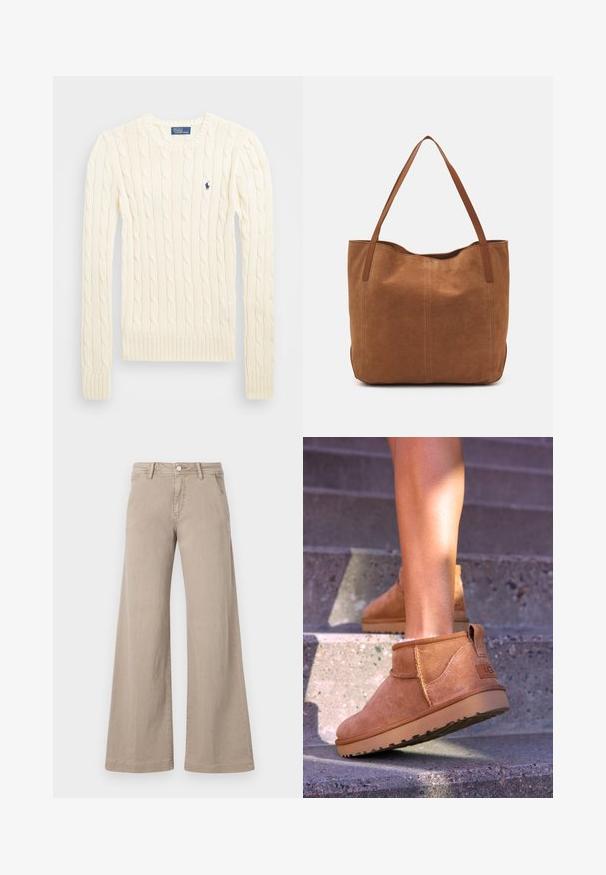 Cream cable-knit sweater with long sleeves, ribbed cuffs and hem, featuring a small embroidered logo on the left chest.; Beige wide-leg jeans made of cotton with a smooth texture, featuring a front button closure and standard five-pocket design.; Tan suede ankle boots with a soft texture, stitched detailing, and a rubber sole, featuring a looped heel for easy wear.; Brown suede tote bag with two long handles, featuring a smooth texture, simple design, and no visible hardware or accents.