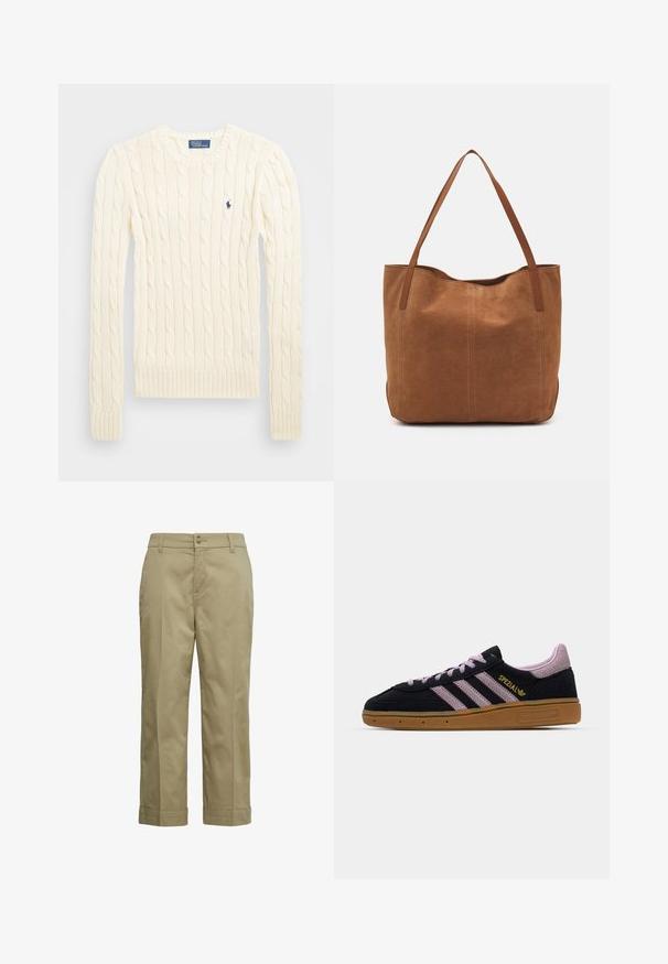 Kremowy sweter w splot kabelkowy z długimi rękawami, ściągaczami przy mankietach i u dołu, z małym haftowanym logo na lewej piersi.; Beżowe spodnie z lekkiej bawełny, o prostym kroju, zapinane na guzik, z podwiniętymi mankietami. Gładka tekstura z minimalnym zdobieniem.; Czarno-różowe sneakersy z zamszu z gumową podeszwą, trzema różowymi paskami, złotym logiem "SPEZIAL" oraz teksturowaną podeszwą z gumy. Niskoprofilowy design.; Brązowa zamszowa torba tote z dwoma długimi uchwytami, charakteryzująca się gładką teksturą, prostym wzornictwem oraz brakiem widocznych elementów metalowych czy akcentów.