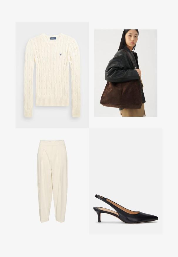 Cream cable-knit sweater with long sleeves, ribbed cuffs and hem, featuring a small embroidered logo on the left chest.; Cream-colored tailored trousers with a high waist, pleated front, and tapered legs. Made from a smooth fabric with no patterns or embellishments.; Black leather slingback pump with a pointed toe, low kitten heel, and smooth texture. Features an open back design and minimal stitching details.; Woman wearing black leather jacket and beige trousers carries large brown suede tote bag over shoulder.