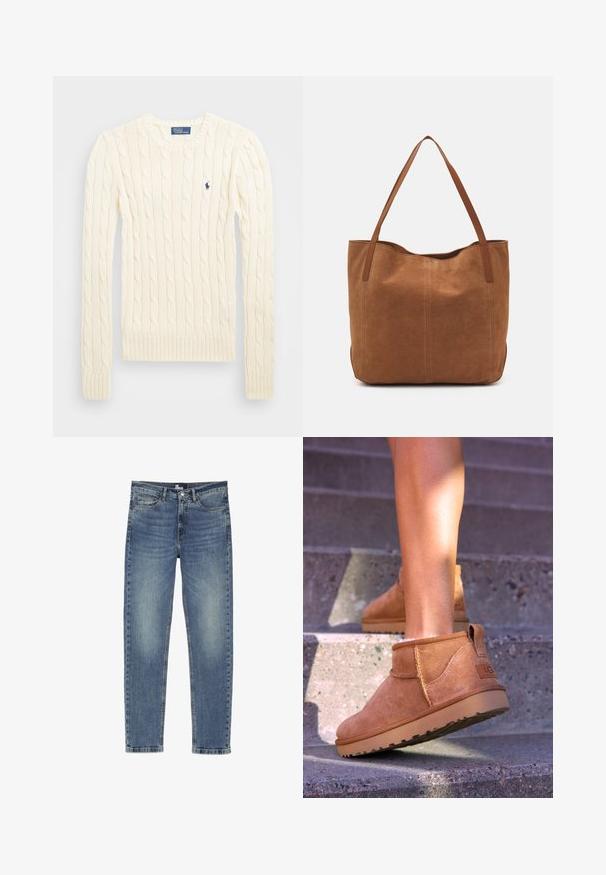 Suéter crema de punto trenzado con manga larga, puños y dobladillo acanalados, que presenta un pequeño logo bordado en el lado izquierdo del pecho.; Jeans de mezclilla azul con corte recto, que presentan un ligero desgastado, cinco bolsillos, y un cierre de botón y cremallera.; Botas de tobillo de ante color beige con una textura suave, detalles de costura y una suela de goma, que cuentan con un tacón en bucle para facilitar su uso.; Bolso tote de ante marrón con dos asas largas, que presenta una textura suave, un diseño simple y sin herrajes ni acentos visibles.