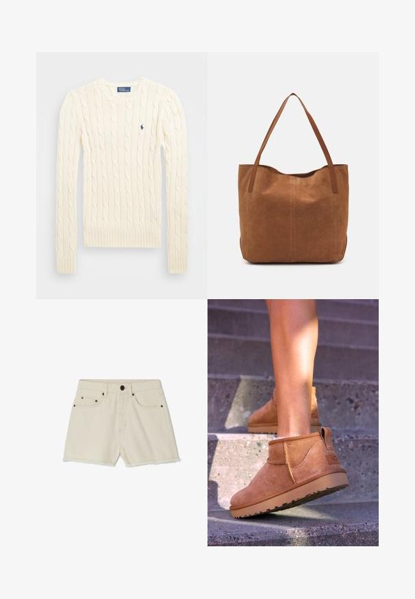 Krémový sveter s pleteným vzorom, dlhé rukávy, rebrované manžety a spodný lem, s malým vyšitým logom na ľavej hrudi.; Džínové šortky v odtieňi off-white s rozstrapkaným lemom, piatimi vreckami a kovovými detailmi. Obsahujú klasický pás a uvoľnený strih.; Hnedé semišové členkové topánky so svetlou textúrou, prešívanými detailmi a gumovou podrážkou, s pútkom na päte pre jednoduché obúvanie.; Hnedá semišová taška s dvoma dlhými rukoväťami, s hladkou textúrou, jednoduchým dizajnom a bez viditeľného hardvéru alebo akcentov.