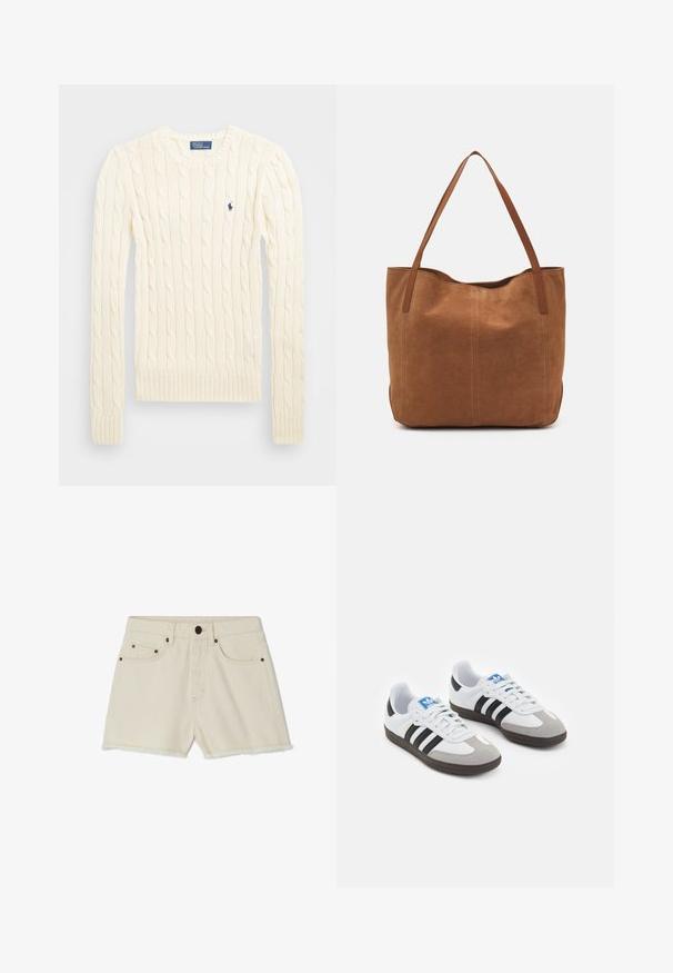 Kreminė megzta palaidinė su ilgomis rankovėmis, gumbuotais rankogaliais ir apačia, su nedideliu išsiuvinėtų logotipu kairiajame krūtinės kampe.; Oficialios džinsinės šortai off-white spalvos su suplėšytu kraštu, penkiomis kišenėmis ir metaliniais akcentais. Turi klasikinę juosmenį ir laisvą siluetą.; Sportiniai batai su balta odine viršutine dalimi, pilku zomšiniu priekiu ir trimis juodomis juostelėmis. Ant liežuvio yra mėlynas logotipas, o padas pagamintas iš tekstūruoto gumos.; Ruda zomšos pasukta rankinė su dviem ilgomis rankenomis, pasižyminti lygiu paviršiumi, paprastu dizainu ir be matomų detalių ar akcentų.