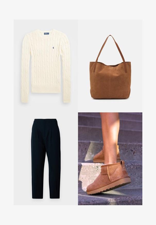 Krémový sveter s pleteným vzorom, dlhé rukávy, rebrované manžety a spodný lem, s malým vyšitým logom na ľavej hrudi.; Námornícke upravené nohavice s plochým predným dielom, dvoma záhybmi, štandardným pásom a zúženými nohavicami. Vyrobené z hladkej tkaniny s miernym leskom.; Hnedé semišové členkové topánky so svetlou textúrou, prešívanými detailmi a gumovou podrážkou, s pútkom na päte pre jednoduché obúvanie.; Hnedá semišová taška s dvoma dlhými rukoväťami, s hladkou textúrou, jednoduchým dizajnom a bez viditeľného hardvéru alebo akcentov.