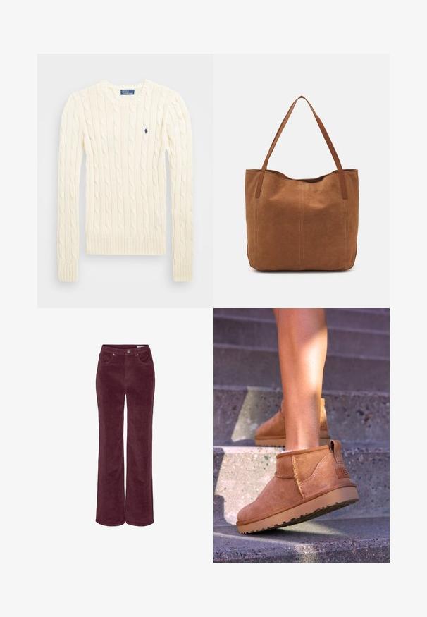 Krém színű, kabelmintás pulóver hosszú ujjal, bordás mandzsettával és aljjal, bal mellen egy kis hímzett logóval.; Széles szárú kordbársony nadrág mély borvörös színben. Elöl zsebekkel és övbújtatókkal rendelkezik, texturált anyagú kivitelben.; Barna nubuk bokacsizmák, puha textúrával, varrott részletekkel és gumitalpakkal, hurok alakú sarokkal a könnyű felvétel érdekében.; Barna velúr táska két hosszú fogantyúval, sima textúrával, egyszerű dizájnnal, és látható fém részek vagy díszítés nélkül.