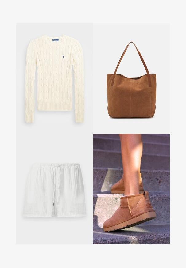 Krémový sveter s pleteným vzorom, dlhé rukávy, rebrované manžety a spodný lem, s malým vyšitým logom na ľavej hrudi.; Ľahké biele bavlnené šortky s elastickým pásom a nastaviteľnou šnúrkou, s textúrovanou tkaninou a uvoľneným strihom.; Hnedé semišové členkové topánky so svetlou textúrou, prešívanými detailmi a gumovou podrážkou, s pútkom na päte pre jednoduché obúvanie.; Hnedá semišová taška s dvoma dlhými rukoväťami, s hladkou textúrou, jednoduchým dizajnom a bez viditeľného hardvéru alebo akcentov.
